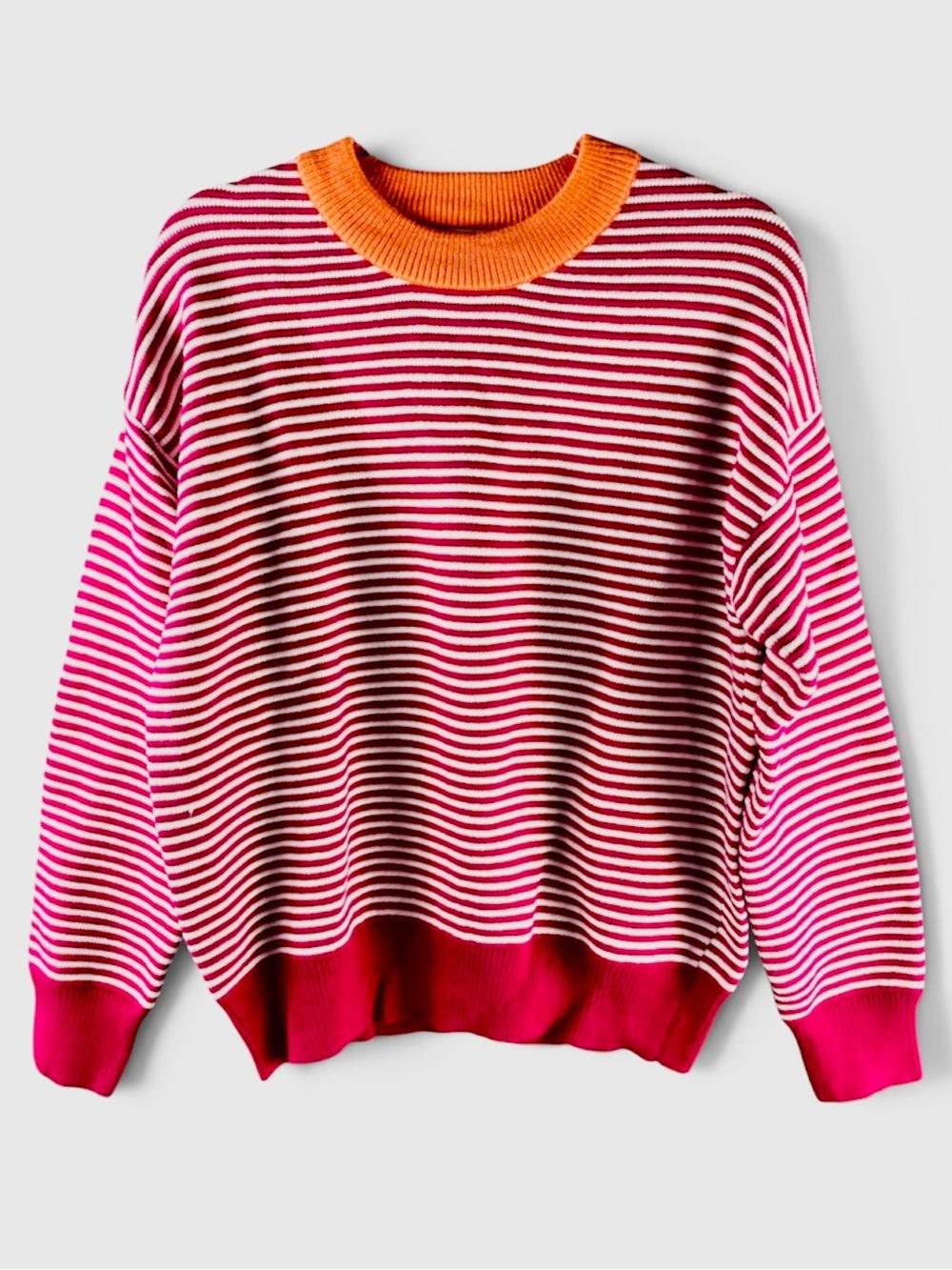 Elodie Striped Crew Neck Pullover Sweater Size L Fuchsia Orange Long Sleeves NEW